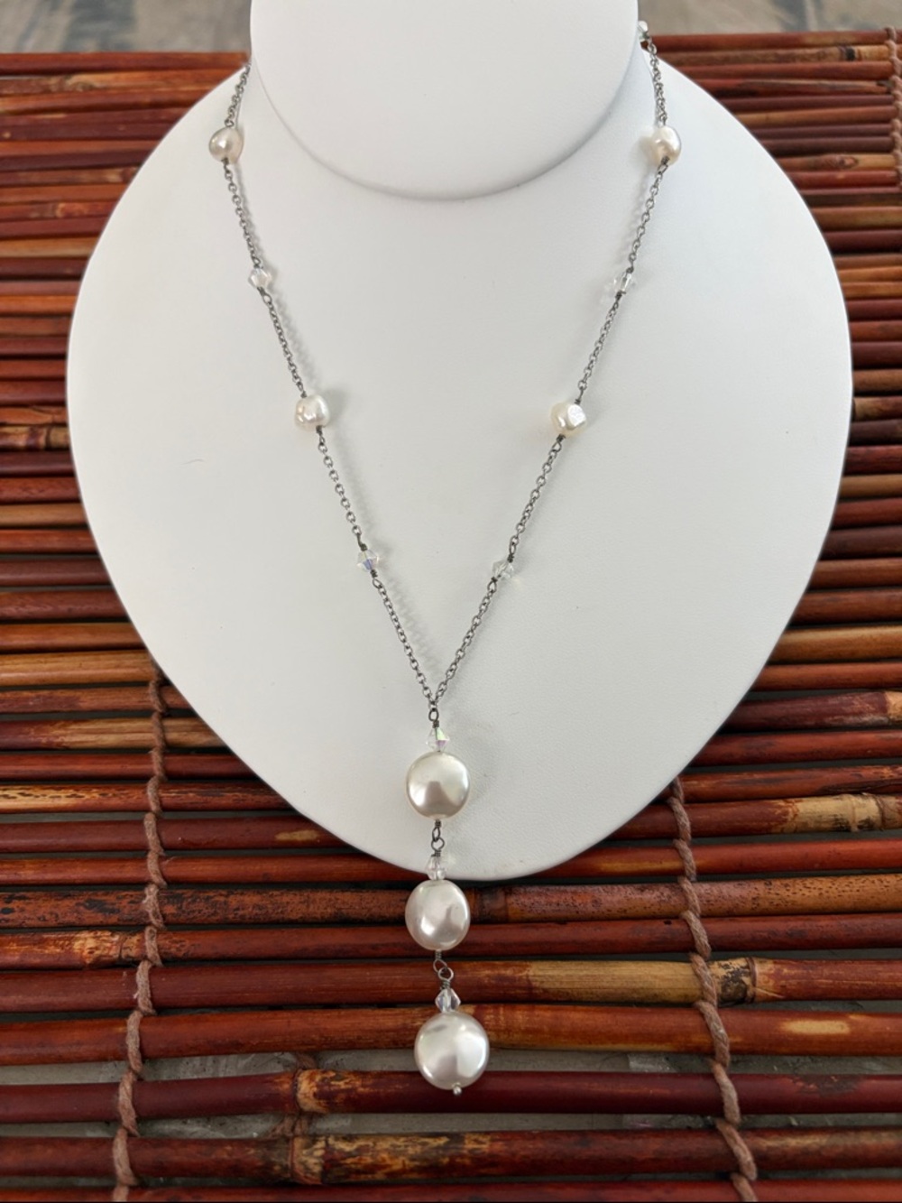 Lia Sophia Silver-Tone Y Necklace with Triple White Pearl Drops 15”-18”